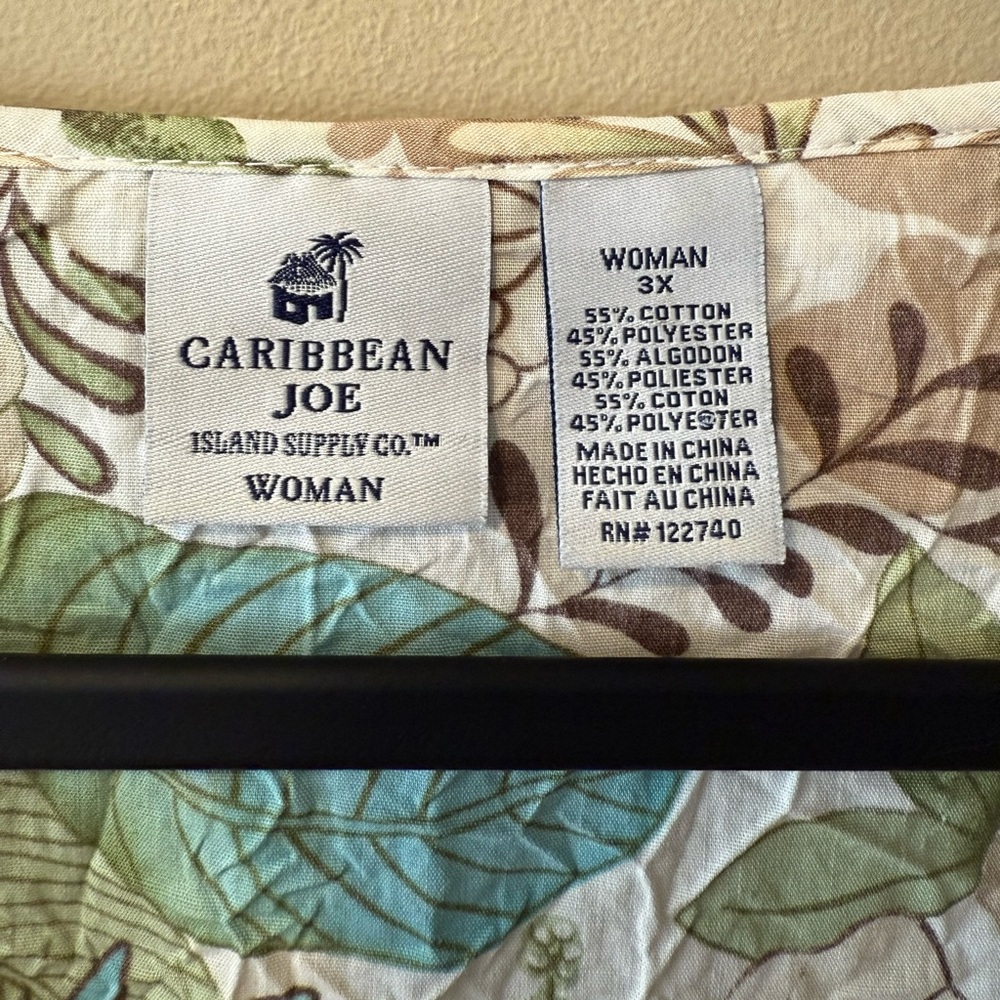 Caribbean Joe Cream w/Brown/Turquoise/Green/Tan Tropical Floral Print Top - Picture 2 of 12